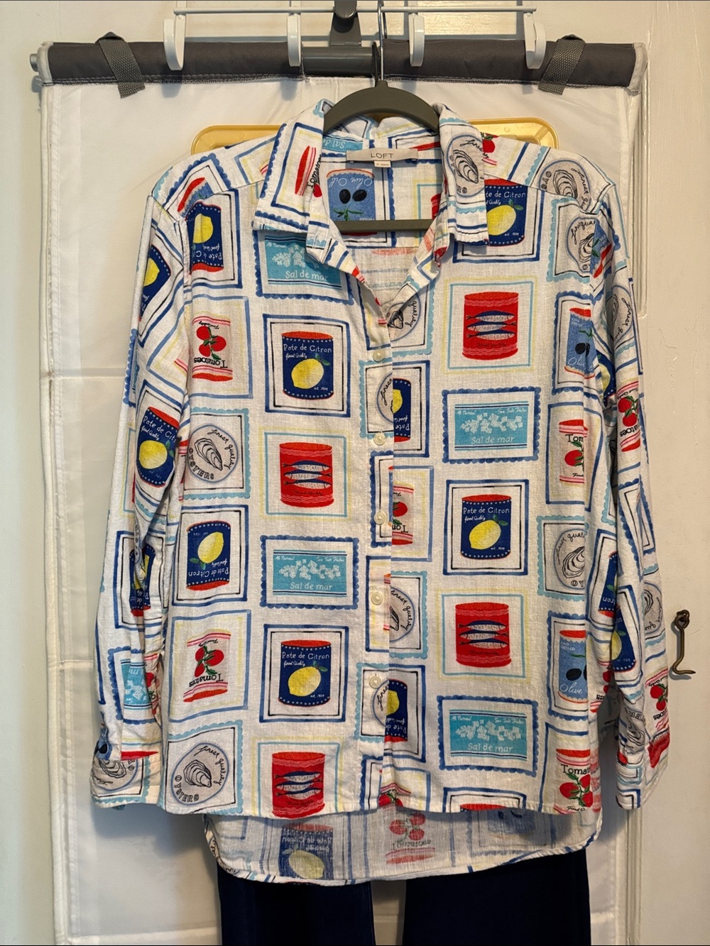 LOFT Women’s White Button-Down Shirt with Blue and Red Graphic Print